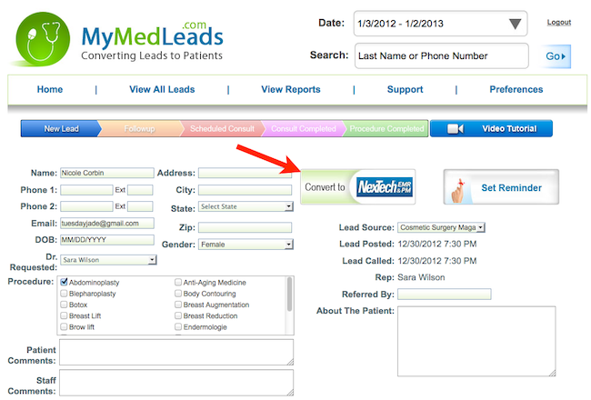 Convert leads from MyMedLeads to Nextech