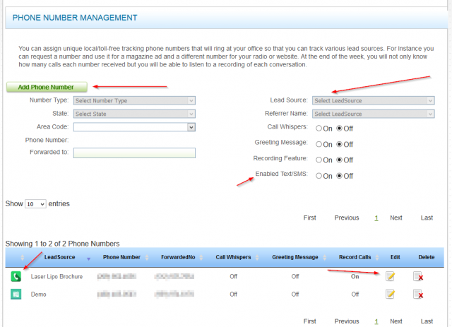 Phone Number Management Screen